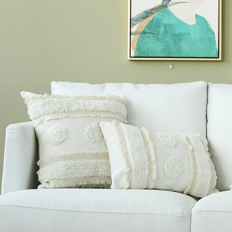 Decorative woven cushion cover with tufted circle applications and textured cotton surface Bowlift