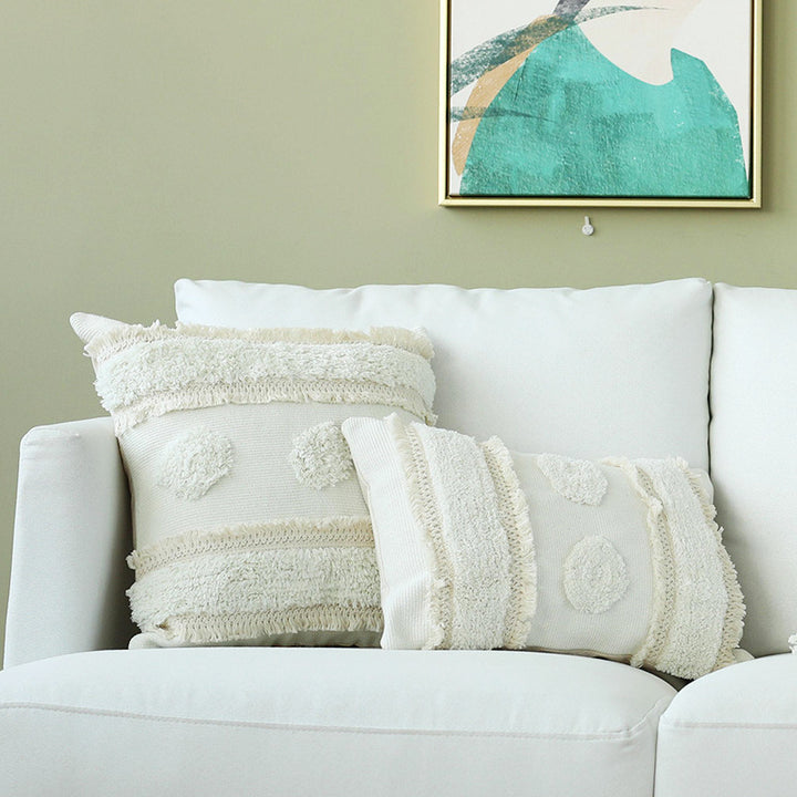 Decorative woven cushion cover with tufted circle applications and textured cotton surface Bowlift