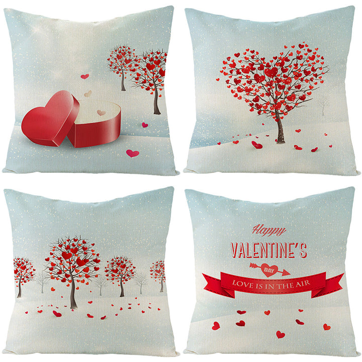 Square Linen-Texture Heart-Tree Decorative Throw Pillow Cover with Concealed Zipper