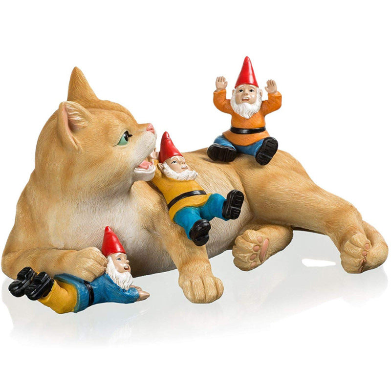 Whimsical Cat Figurine with Gnomes