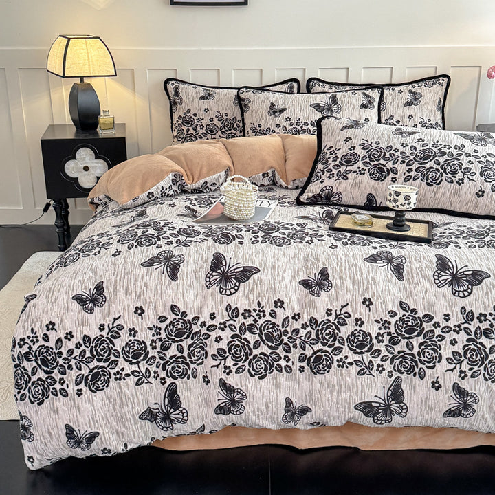 French milk fleece bedding set, floral, warm