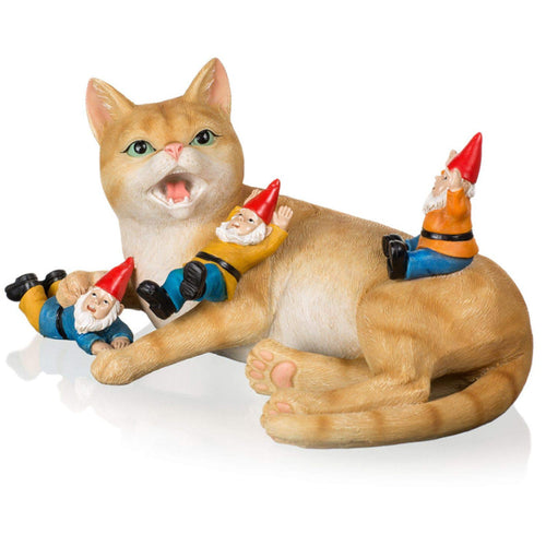 Whimsical Cat Figurine with Gnomes