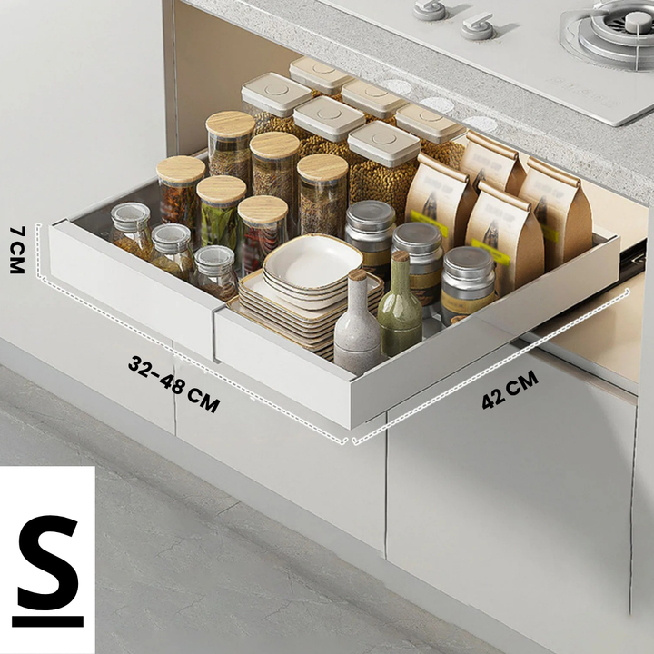 BowLift | Kitchen Cabinet Organizer Shelf | Extendable Carbon Steel Rack with Sliding Drawer