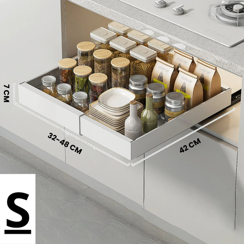 BowLift | Kitchen Cabinet Organizer Shelf | Extendable Carbon Steel Rack with Sliding Drawer