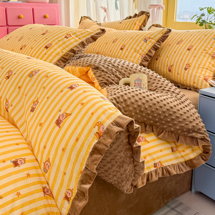 Cotton bedding set, double layer, with fleece inner side