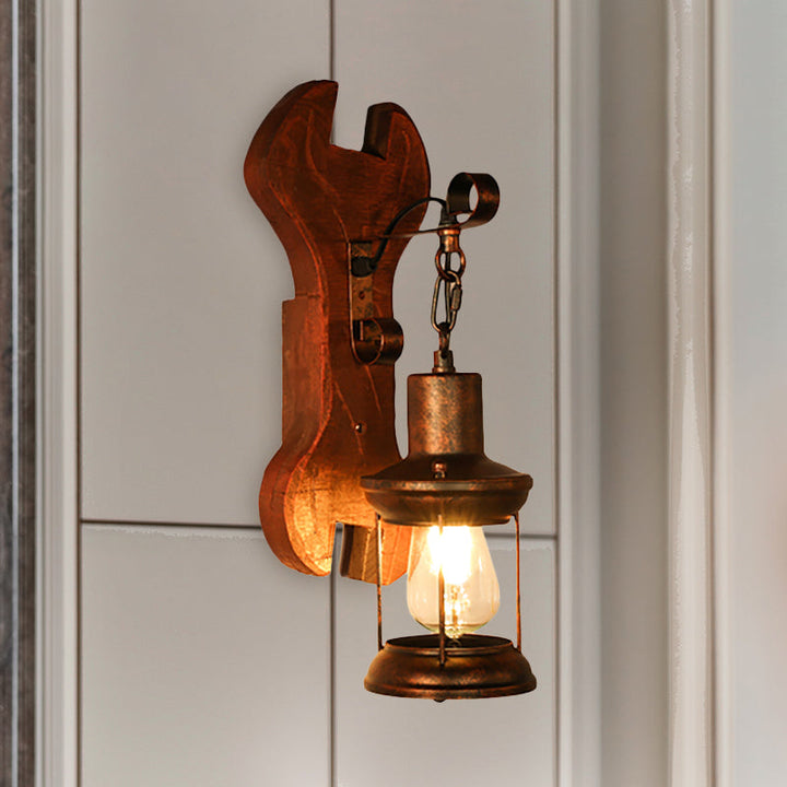 BowLift | Rust One-Light Wall Light Coastal Clear Glass Lantern Lighting Fixture with Wood Back Plate