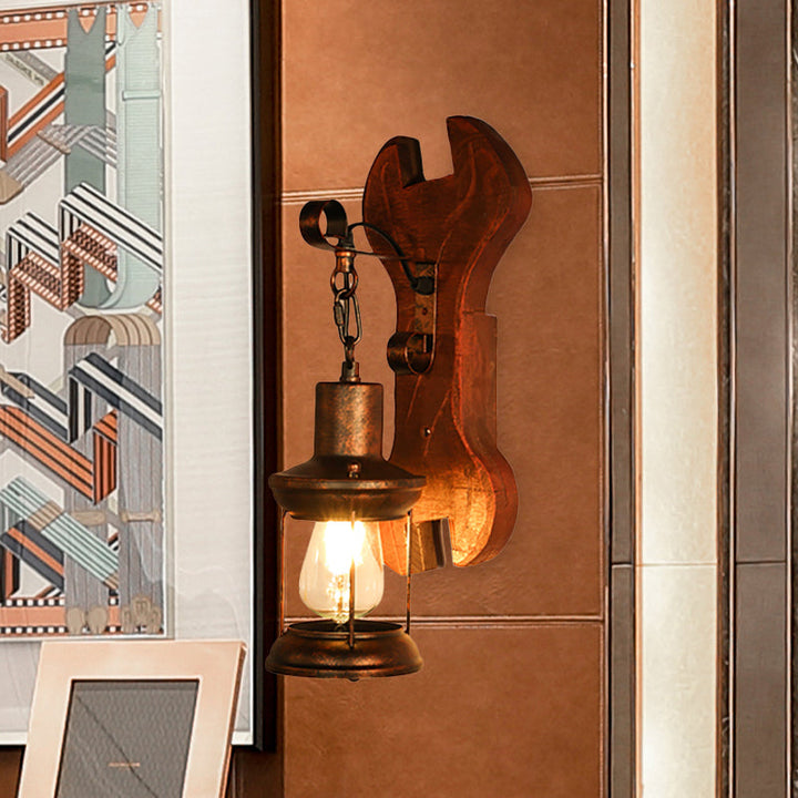 BowLift | Rust One-Light Wall Light Coastal Clear Glass Lantern Lighting Fixture with Wood Back Plate