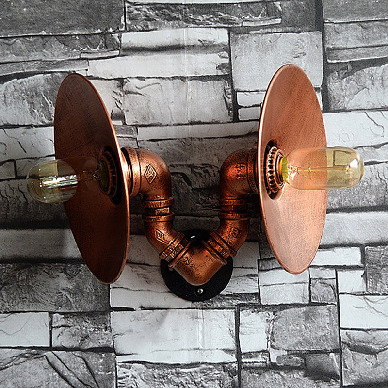 BowLift | Dark Rust Round Wall Light Rustic Style Wrought Iron 2 Bulbs Bedroom Wall Mounted Light with Pipe