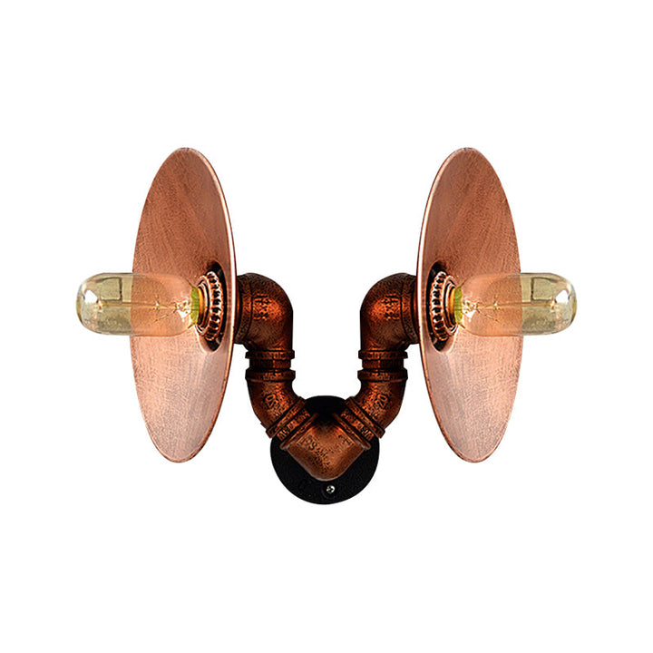 BowLift | Dark Rust Round Wall Light Rustic Style Wrought Iron 2 Bulbs Bedroom Wall Mounted Light with Pipe