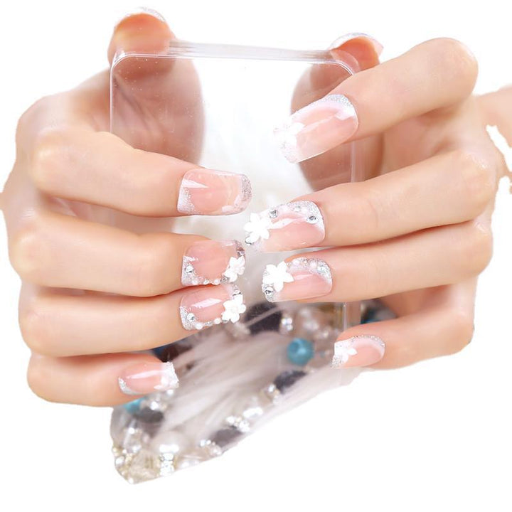 Floral Design Press-On Nail Set with Rhinestone Accents