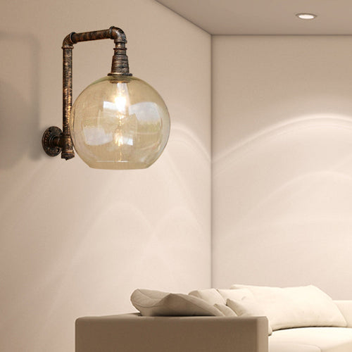 BowLift | Globe Stairway Wall Lamp Industrial Clear Glass 1 Light Aged Brass Wall Mounted Light with Corner Pipe, 8