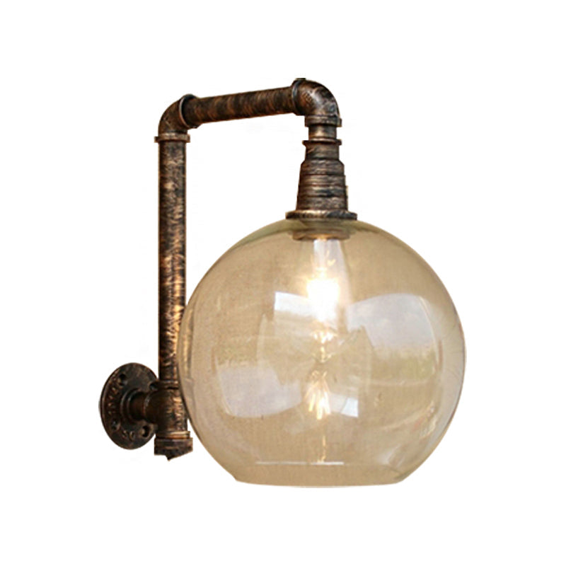 BowLift | Globe Stairway Wall Lamp Industrial Clear Glass 1 Light Aged Brass Wall Mounted Light with Corner Pipe, 8"/10" Width