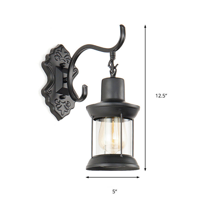 BowLift | Lantern Clear Glass Wall Mounted Lamp Vintage Single Bulb Outdoor Wall Light in Black with Carved Pattern