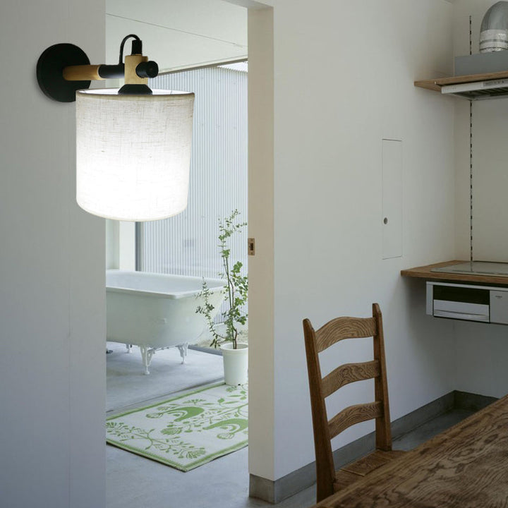 BowLift | Fabric Cylindrical Wall Light Modernist 1 Light Bedroom Wall Mounted Light with Wood Connection in Black/White