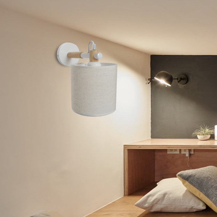 BowLift | Fabric Cylindrical Wall Light Modernist 1 Light Bedroom Wall Mounted Light with Wood Connection in Black/White