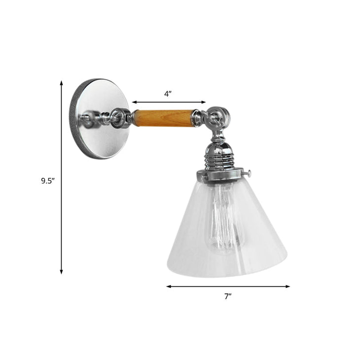 BowLift | Cone Clear Glass Wall Mounted Lamp Industrial Single Bulb Dining Room Wall Light, 8"/4"/14"