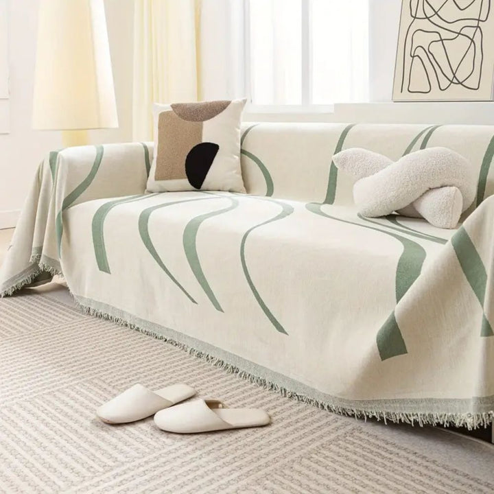 Wave-Pattern Chenille Sofa Cover with Tassels and Non-Slip Fit