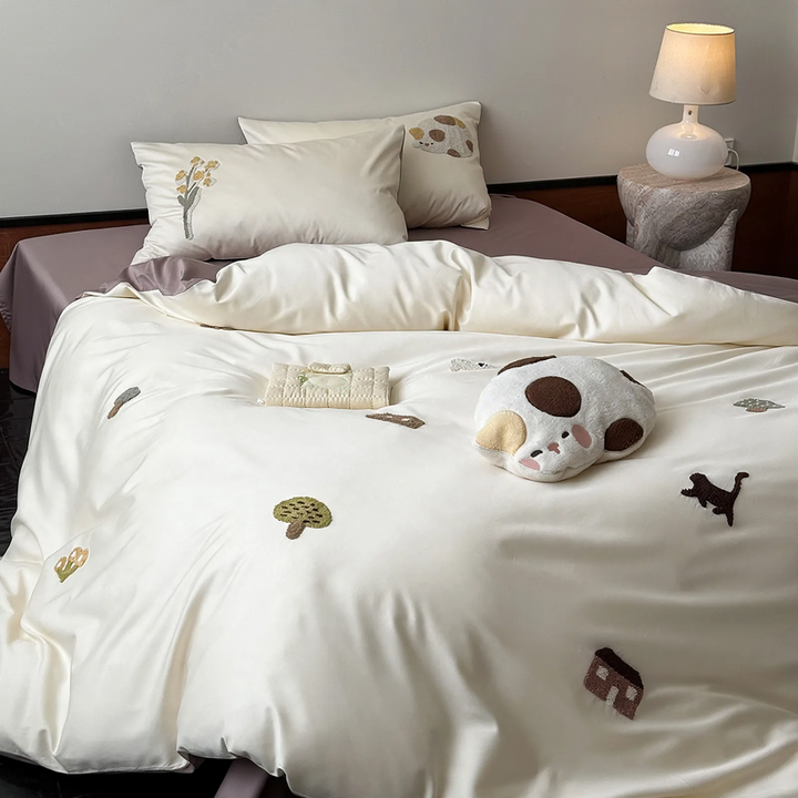 Cotton bedding set, 4-piece, terry embroidery