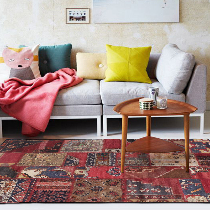 BowLift | Red Bedroom Carpet Moroccan Rectangular Floral Stripe Printed Carpet Polyester Non-Slip Carpet