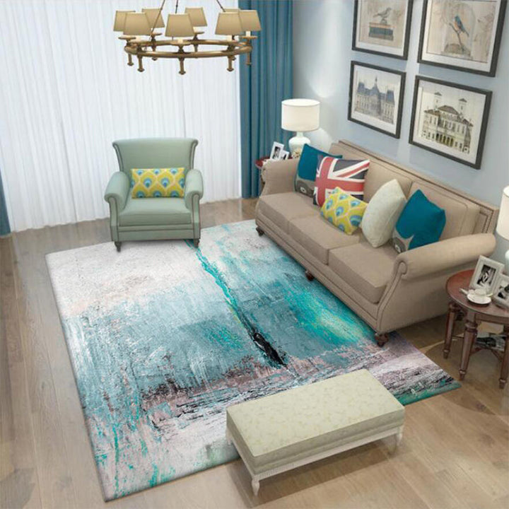 White and blue bedroom rug modern abstract oil painting pattern area rug polyester washable rug | Bowlift
