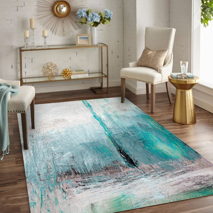 White and blue bedroom rug modern abstract oil painting pattern area rug polyester washable rug | Bowlift
