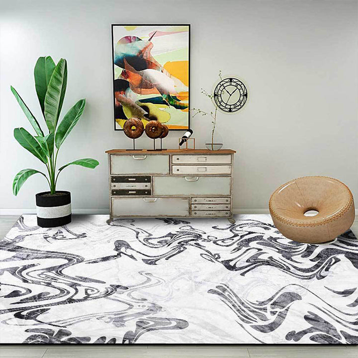 White Bedroom Carpet Modern Abstract Curved Line Pattern Area Rug Polyester Washable Rug | Bowlift