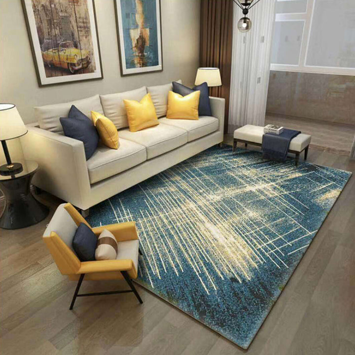 Contemporary abstract patterned rug blue polyester rug with non-slip backing washable rug for bedroom | Bowlift