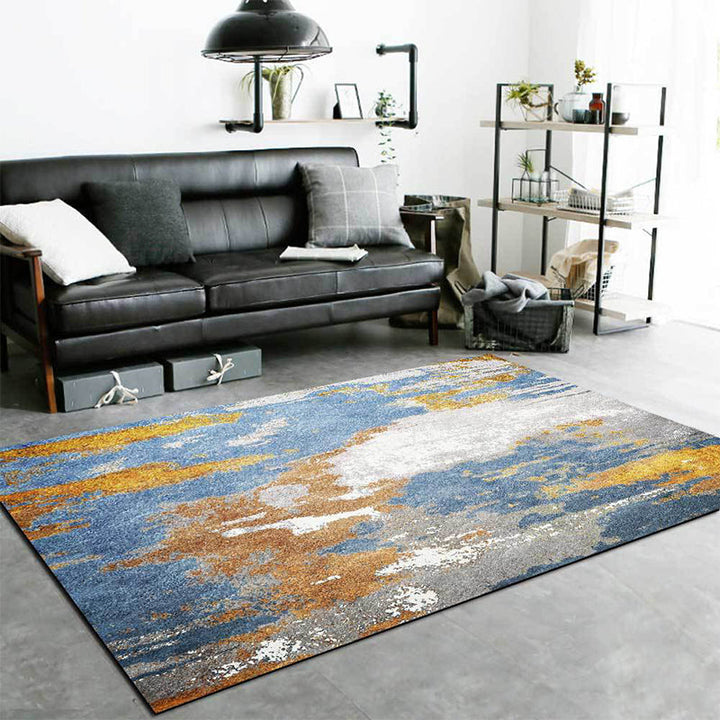 Blue Bedroom Rug Modern Abstract Ink Painting Pattern Rug Polyester Washable Rug | Bowlift