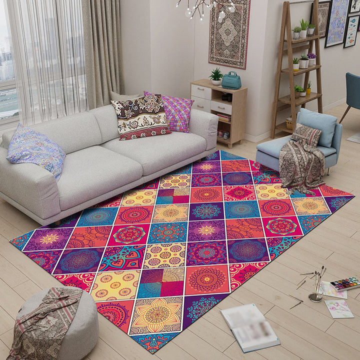 BowLift | Mediterranean-Moroccan diamond pattern multicolored floral square rug made of polyester non-slip mat for the living room