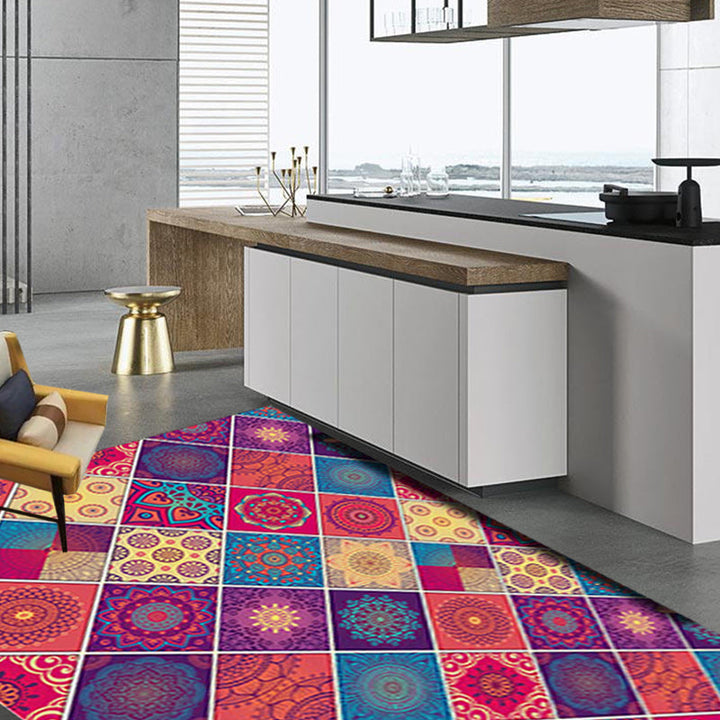 BowLift | Mediterranean-Moroccan diamond pattern multicolored floral square rug made of polyester non-slip mat for the living room