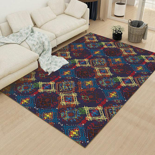 BowLift | Moroccan square line pattern rug in blue polyester rug machine washable non-slip backing rug for living room