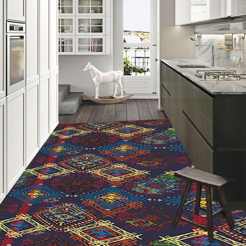 BowLift | Moroccan square line pattern rug in blue polyester rug machine washable non-slip backing rug for living room