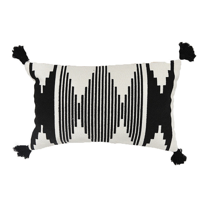 Rectangular Jacquard lumbar cushion cover with geometric ethnic relief and decorative tassels Bowlift