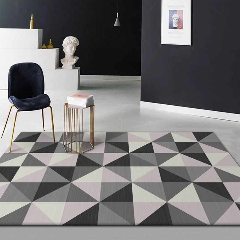Simple Checked Pattern Rug Gray Polyester Rug Machine Washable Non-Slip Back Rug for Bedroom | Bowlift