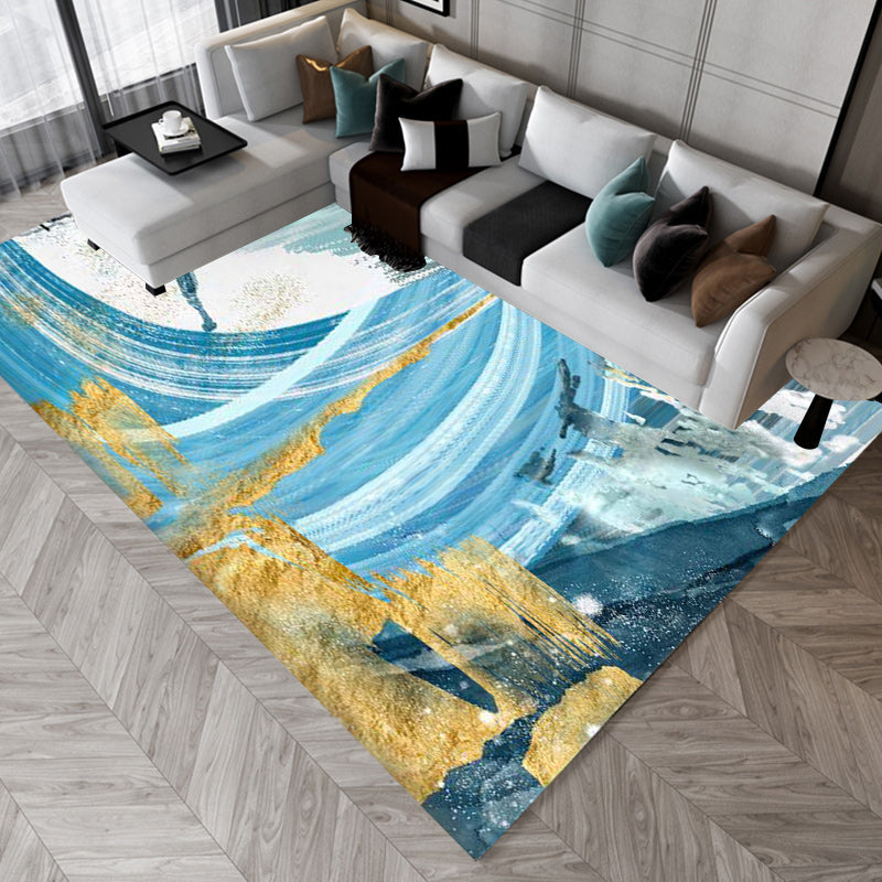 Modern watercolor pattern carpet blue polyester carpet washable non-slip bottom carpet for the living room | Bowlift