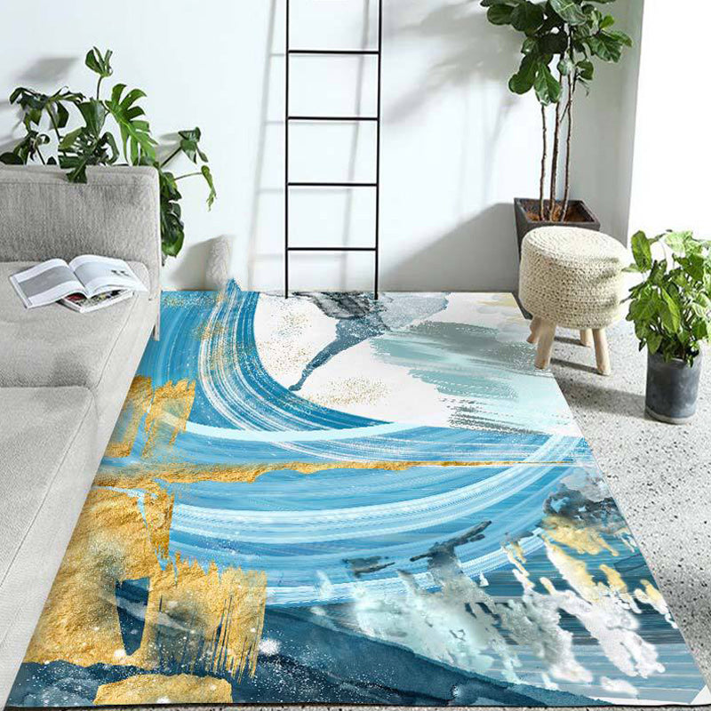 Modern watercolor pattern carpet blue polyester carpet washable non-slip bottom carpet for the living room | Bowlift