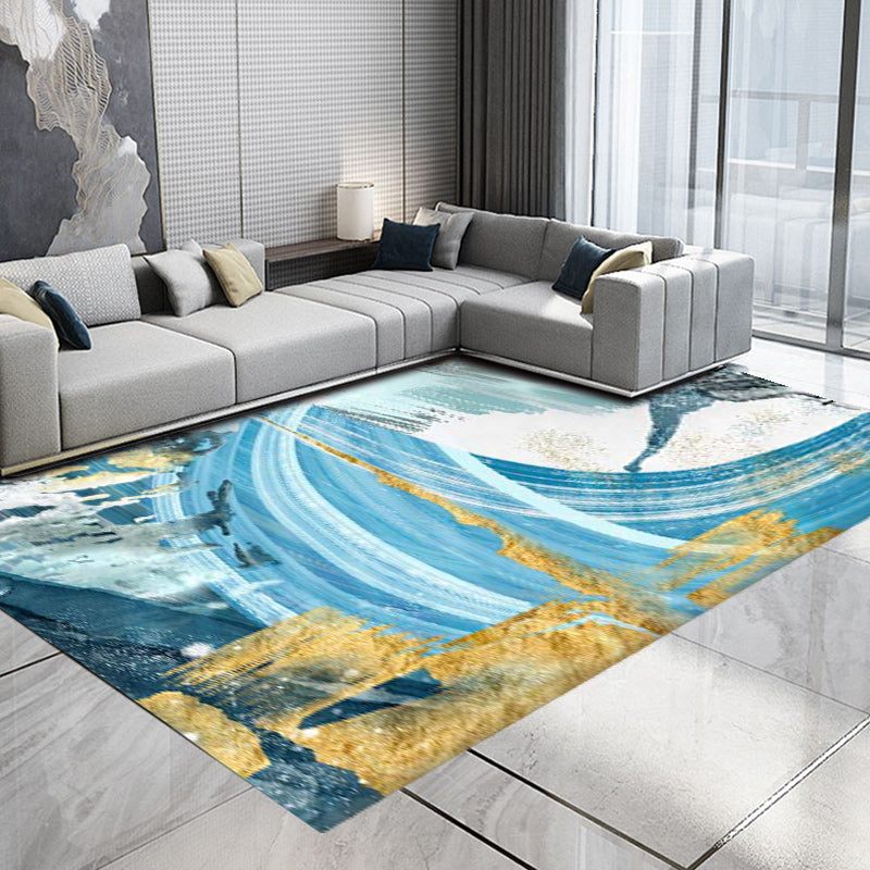 Modern watercolor pattern carpet blue polyester carpet washable non-slip bottom carpet for the living room | Bowlift