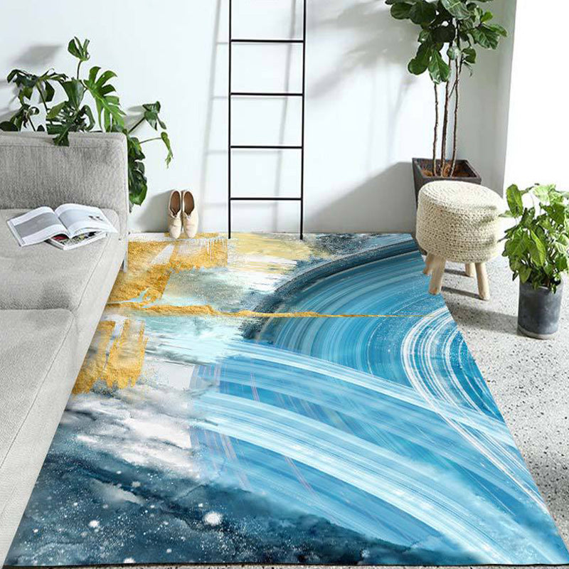 Modern watercolor pattern carpet blue polyester carpet washable non-slip bottom carpet for the living room | Bowlift