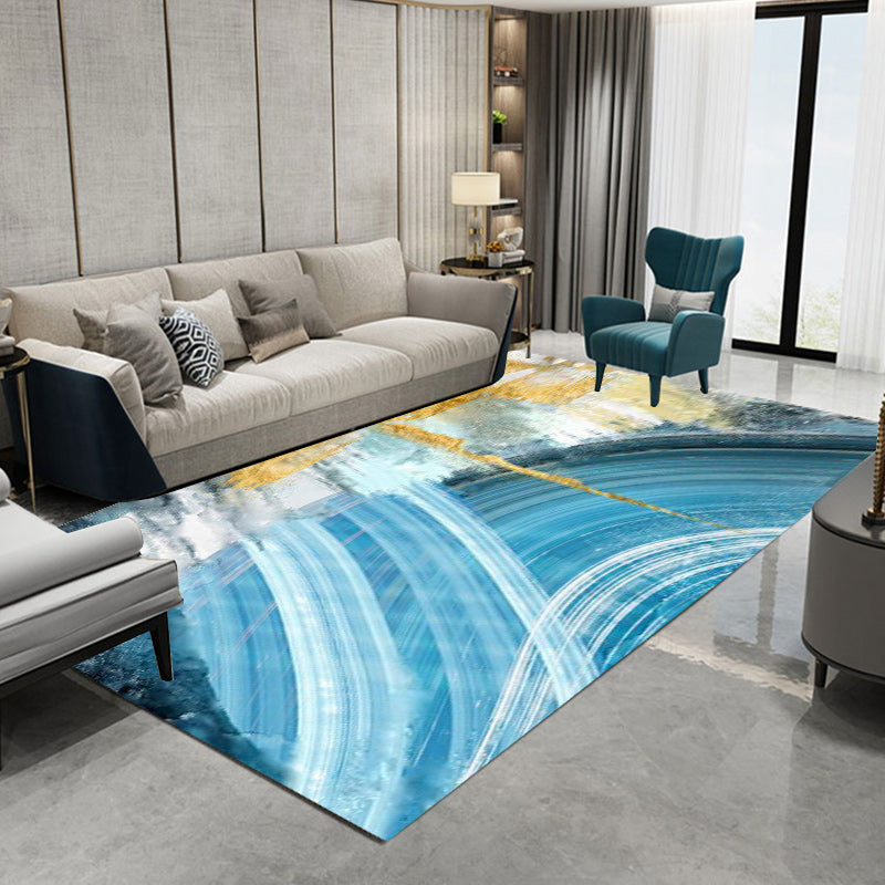 Modern watercolor pattern carpet blue polyester carpet washable non-slip bottom carpet for the living room | Bowlift