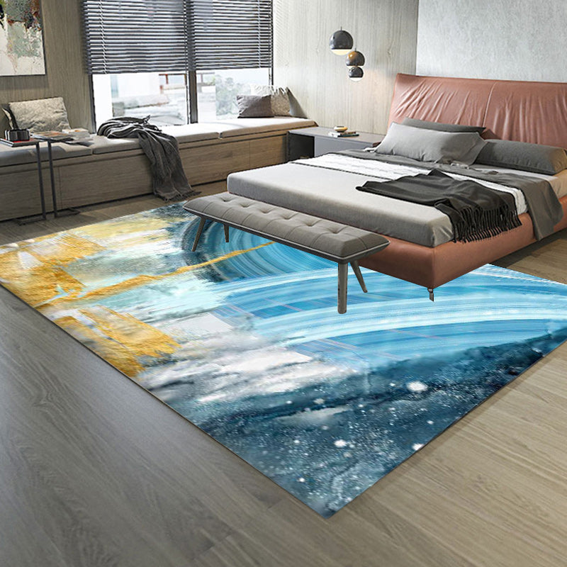 Modern watercolor pattern carpet blue polyester carpet washable non-slip bottom carpet for the living room | Bowlift
