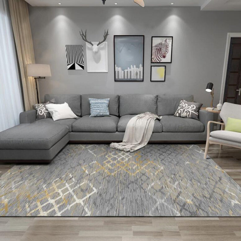 Gray Bedroom Rug Modern Abstract Grid Pattern Area Rug Polyester Stain Resistant Machine Washable Rug | Bowlift