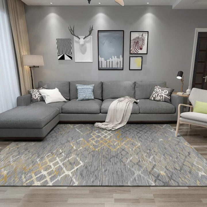 Gray Bedroom Rug Modern Abstract Grid Pattern Area Rug Polyester Stain Resistant Machine Washable Rug | Bowlift
