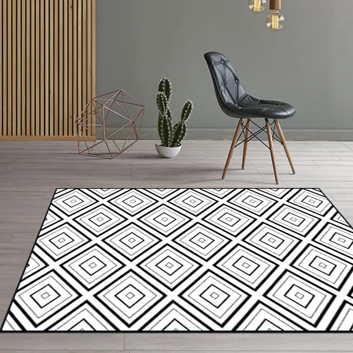 White Bedroom Rug Modern Diamond Pattern Area Rug Polyester Pet Friendly Machine Washable Rug | Bowlift