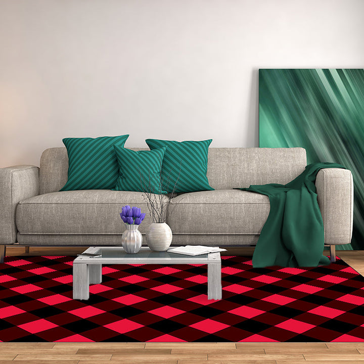 Red Bedroom Carpet Modern Checkered Area Rug Polyester Non-Slip Backing Machine Washable Rug | Bowlift