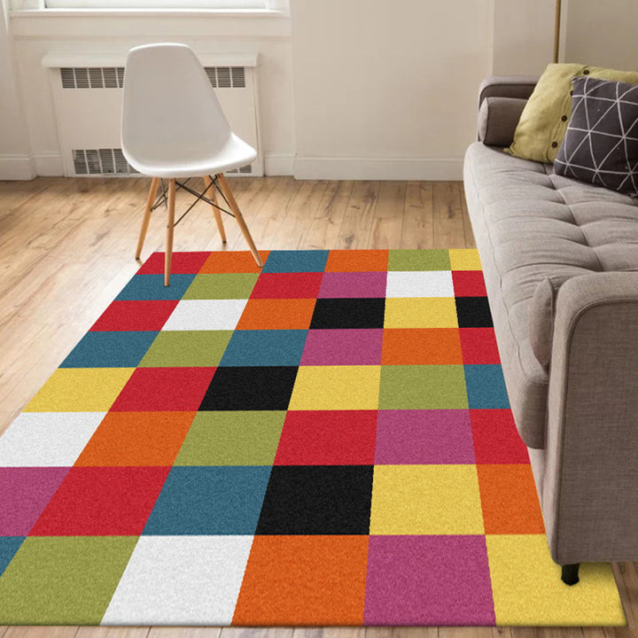 Multicolored bedroom rug Modern plaid pattern rug Polyester pet-friendly non-slip backing rug | Bowlift