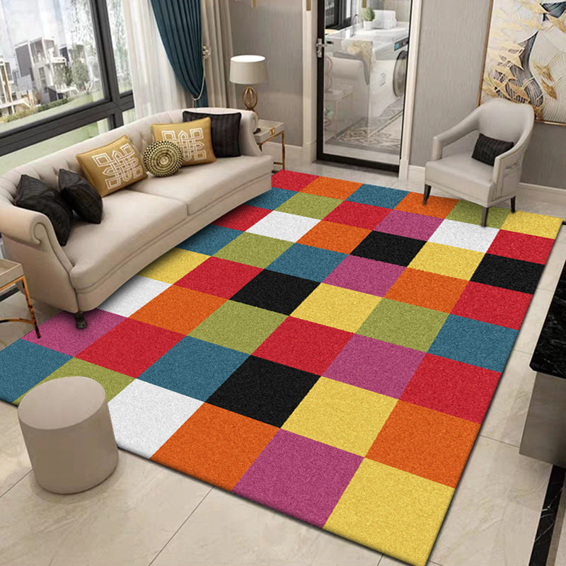 Multicolored bedroom rug Modern plaid pattern rug Polyester pet-friendly non-slip backing rug | Bowlift