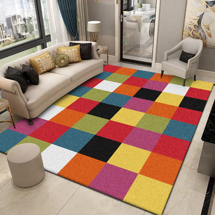 Multicolored bedroom rug Modern plaid pattern rug Polyester pet-friendly non-slip backing rug | Bowlift