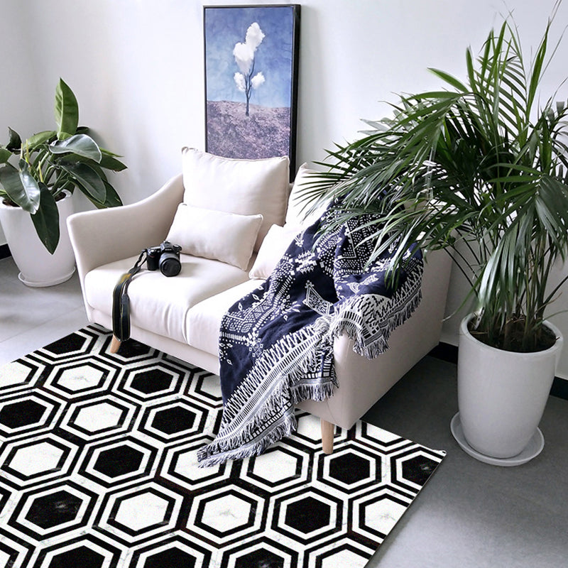 Black and white bedroom rug modern hexagon pattern area rug polyester machine washable rug | Bowlift