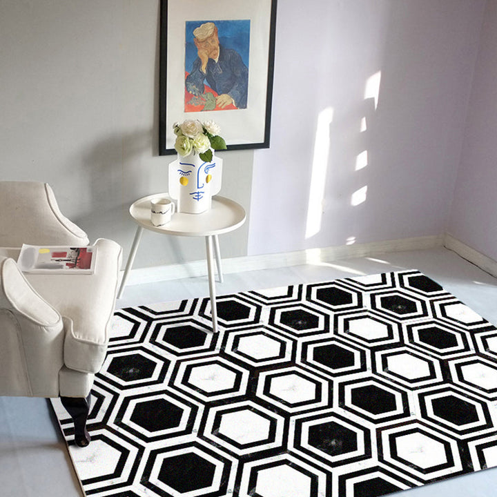 Black and white bedroom rug modern hexagon pattern area rug polyester machine washable rug | Bowlift