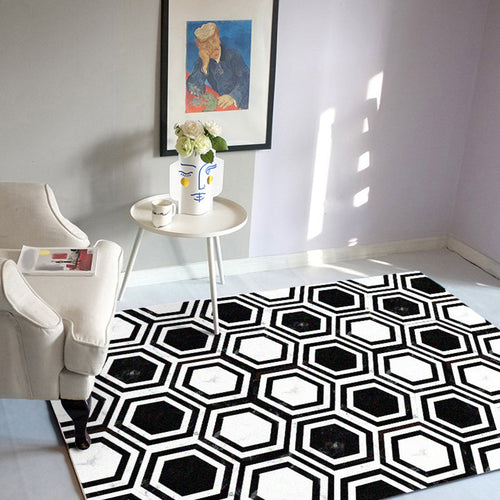 Black and white bedroom rug modern hexagon pattern area rug polyester machine washable rug | Bowlift